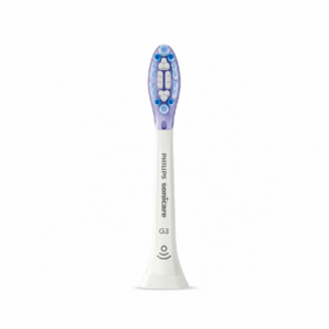 Detail of a white Philips Sonicare G3 Premium Gum Care replacement brush head