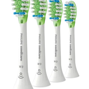 Four white Philips Sonicare W3 Premium White replacement brush heads